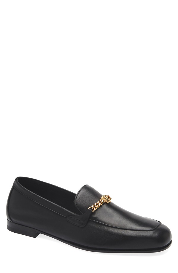 ヴェルサーチ メンズ シューズ スリッポン・ローファー なめし革 Versace Medusa Chain Leather Loafer Black-Versace Gold 黒いこと