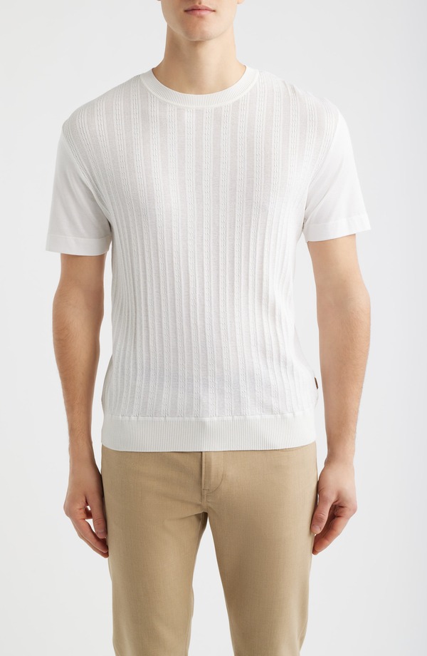 元締め メンズ トップス ティーシャツ 地絹 綿織物 BOSS Tesar Textured Cotton \u0026 Silk T-Shirt Open White 白いこと メンズファッション-Tシャツ・カットソー