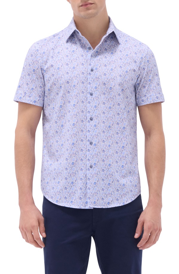 ブガッチ メンズ トップス シャツ プリント コットン Bugatchi Miles OoohCotton Leaf Print Short Sleeve Button-Up Shirt Air Blue ブルー