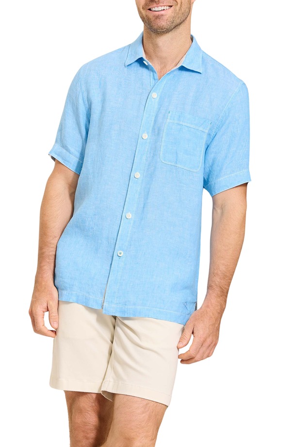 トッミーバハマ メンズ トップス プルオーバー リネン Tommy Bahama Paradise Breezer Short Sleeve Linen Button-Up Shirt Glass Bead Blue 青色 カジュアルシャツ-メンズファッション