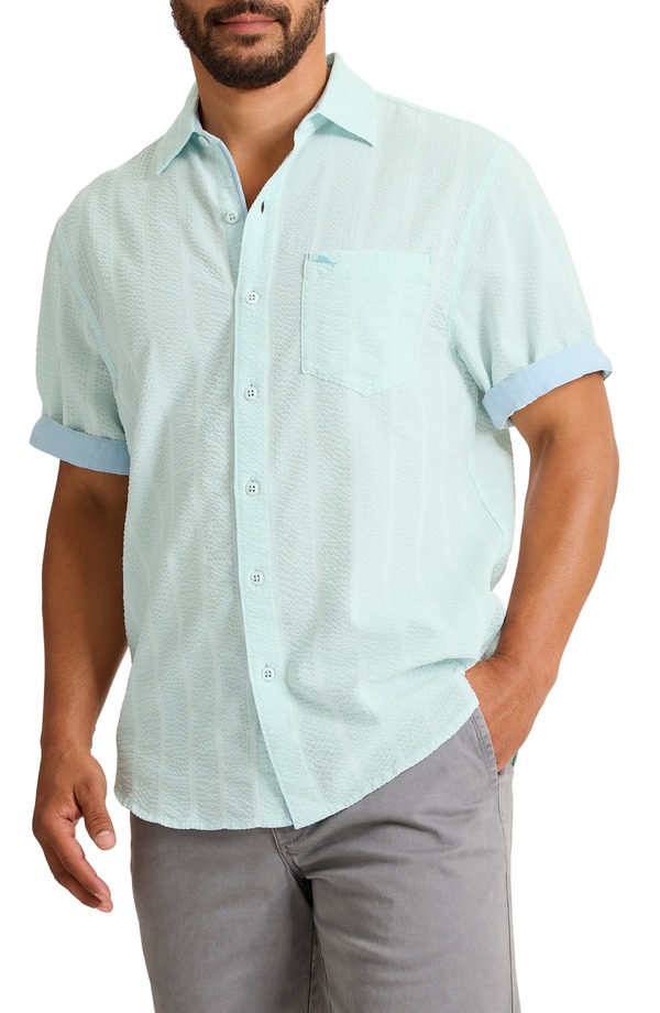 トッミーバハマ メンズ トップス シャツ Tommy Bahama Nova Wave Short Sleeve Stretch Seersucker Button-Up Shirt Dusty Aqua アクア
