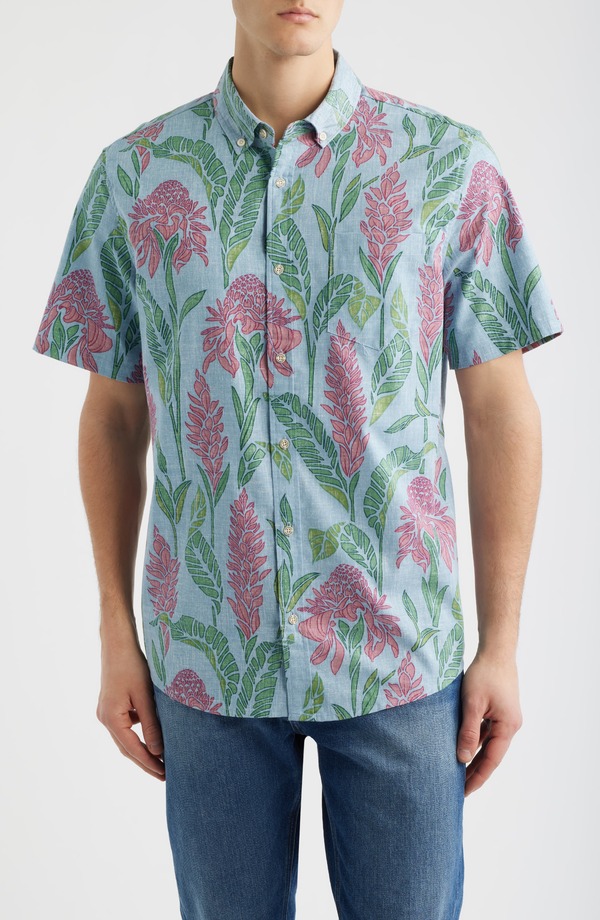 レインスプーナー メンズ トップス プルオーバー 綿織物 打ち倒す Reyn Spooner Ginger Burst Short Sleeve Button-Down Cotton Blend Sport Shirt Dusty Blue 青色 カジュアルシャツ-メンズファッション