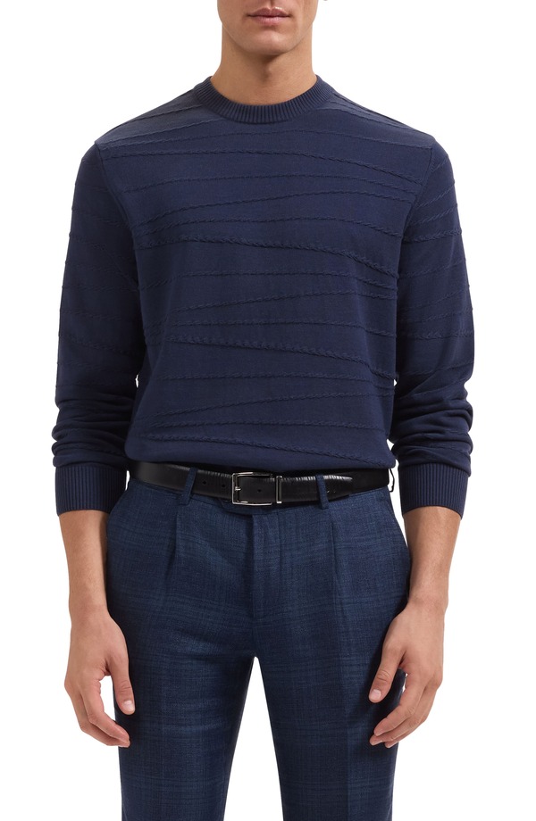 ブガッチ メンズ アウター ニット・セーター クルーネック シルク コットン Bugatchi Textured Cotton & Silk Crewneck Sweater Navy ネイビー｜ReVida 店