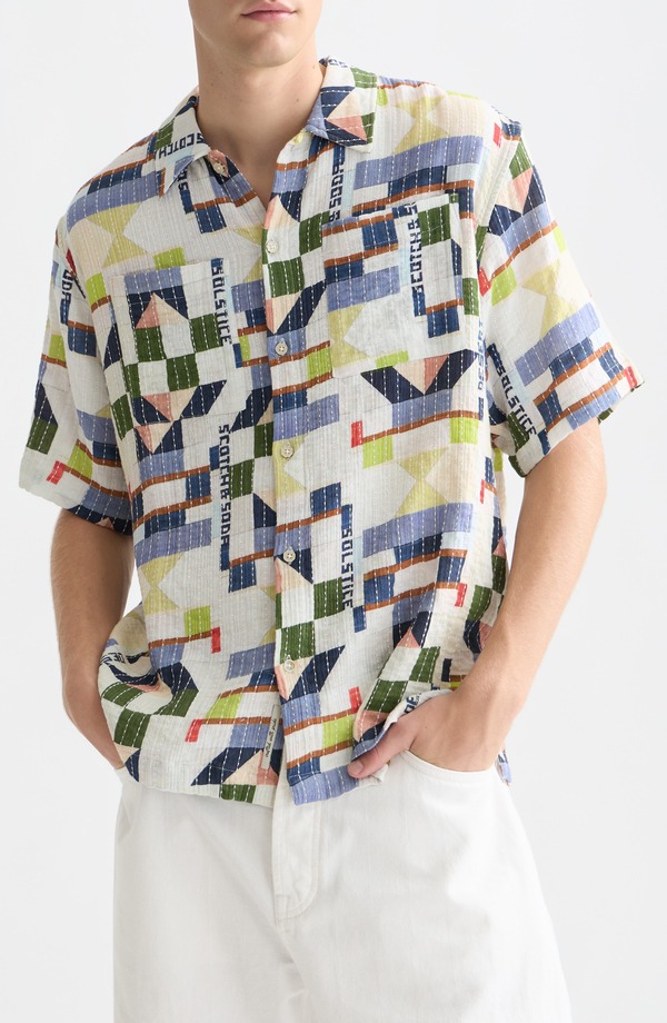 スコッチアンドソーダ メンズ トップス シャツ リラックスフィット プリント Scotch & Soda Relaxed Fit Print Short Sleeve Button-Up Shirt Patchwork Jacquard｜ReVida 店
