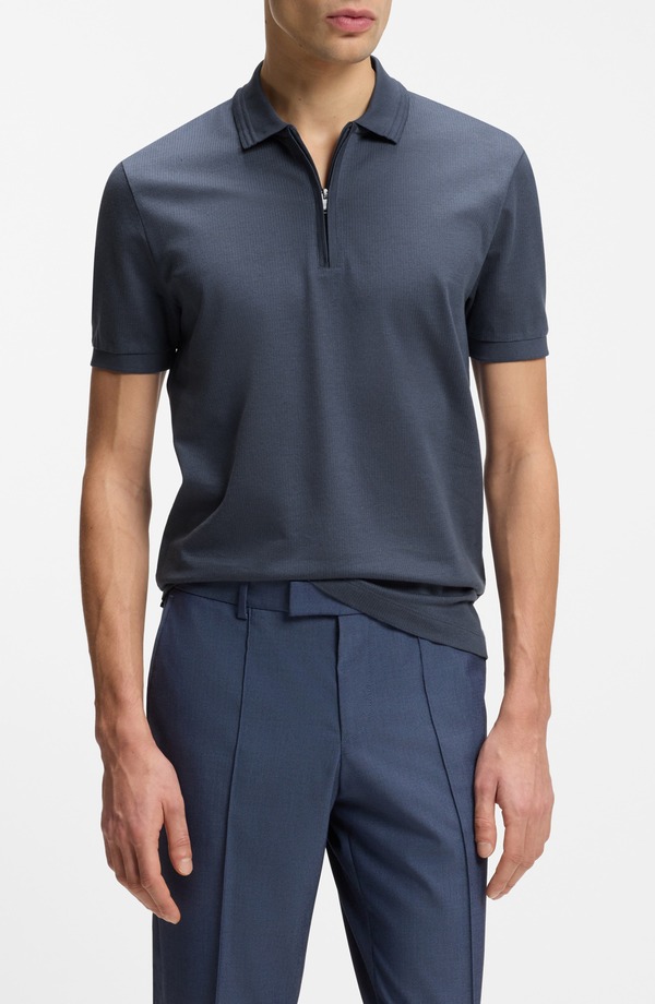 元締め メンズ トップス スポーツシャツ 綿織物 BOSS Parasolid Lyocell \u0026 Cotton Zipolopen Blue 青み