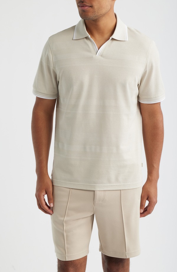 ブガッチ メンズ トップス スポーツシャツ Bugatchi Textured Stripe Johnny Collar Polo Limestone 縞模様