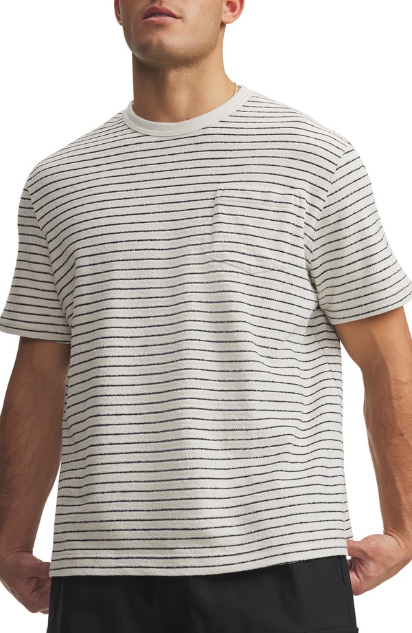 アンダーアーマー メンズ トップス プルオーバー 伸び伸びする填まる パイル 綿織物 Under Armour Icon Stripe Relaxed Fit Cotton Blend Terry T-Shirt Summit White 白いこと