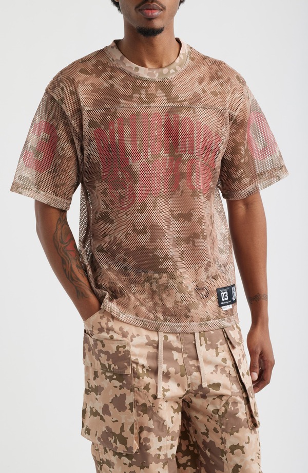 ビリオネアボーイズクラブ メンズ トップス ティーシャツ 刷り上げる メッシュ ロゴタイプ Billionaire Boys Club Varsity Logo Camo Print Mesh T-Shirt Doeskin トップス-メンズファッション-Tシャツ・カットソー