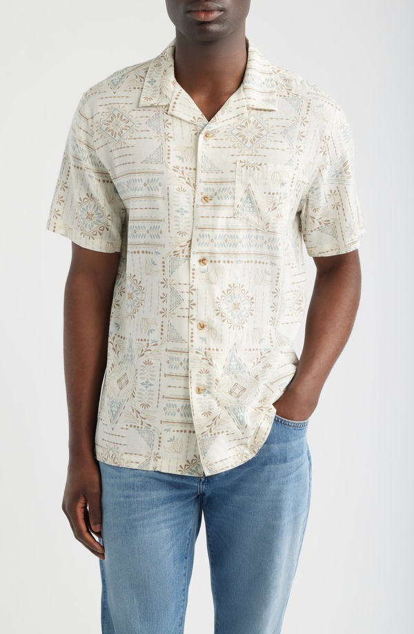 ペンドルトン メンズ トップス シャツ プリント リネン Pendleton Geo Print Linen Blend Camp Shirt Laurel Grovecru エクリュ｜ReVida 店