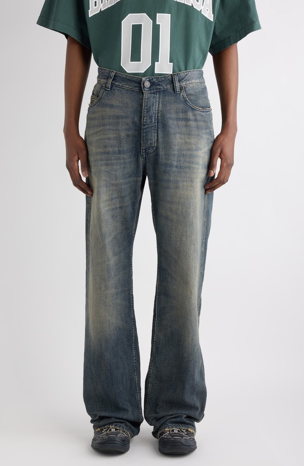バレンシアガ メンズ ボトムス ジーンズズボン下 伸び伸びする填まる デニム Balenciaga Relaxed Fit Jeans Navy/ Green/ Yellow 米国海軍