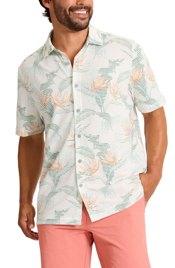トッミーバハマ メンズ トップス プルオーバー Tommy Bahama Costa Wave Festa Frondseersucker Stripe IslandZone Short Sleeve Button-Up Shirt White 白いこと カジュアルシャツ-メンズファッション-トップス