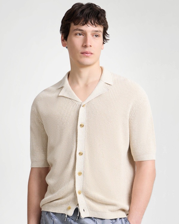オニア メンズ トップス シャツ シルク リネン Onia Silk Linen Camp Shirt Melange Taupe トープ｜ReVida 店