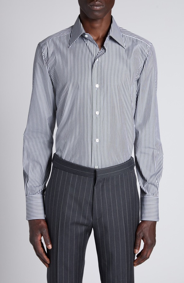 トム・ジェラルド・r・フォード メンズ トップス プルオーバー 綿織物 TOM FORD Stripe Cotton Blend Button-Up Shirt White/ Black 白いこと