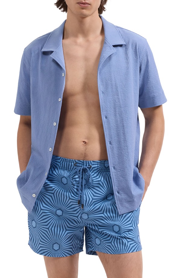 ブガッチ メンズ 海水着 二分の一ズボン下・さる股引き 刷り上げる Bugatchi Cruz Print Swim Trunks Cobalt 青緑色