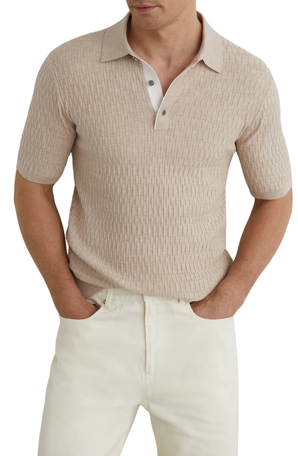レイス メンズ トップス スポーツシャツ スウェーター 編み物 Reiss Era Basket Weave Knit Polo Sweater Oatmeal Brown 赤銅色