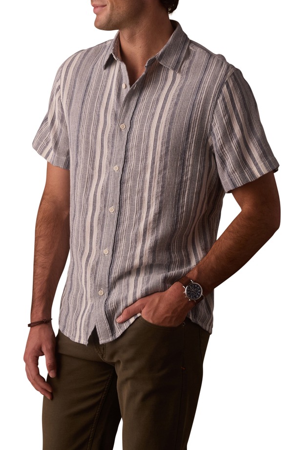 ノーマルブランド メンズ トップス シャツ The Normal Brand Freshwater Everyday Short Sleeve Button-Up Shirt Positano Stripe ストライプ｜ReVida 店