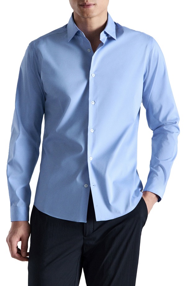マンゴ メンズ トップス プルオーバー レギュラー填まる 綿織物 MANGO Regular Fit Stretch Cotton Blend Button-Up Shirt China Blue 青色