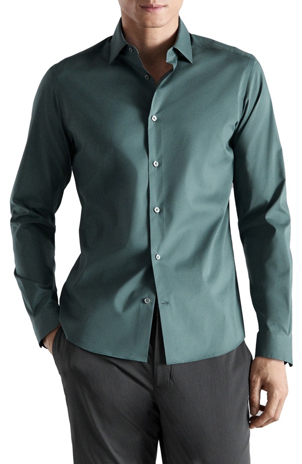 マンゴ メンズ トップス プルオーバー レギュラー填まる 綿織物 MANGO Regular Fit Stretch Cotton Blend Button-Up Shirt Medium Green 緑であること