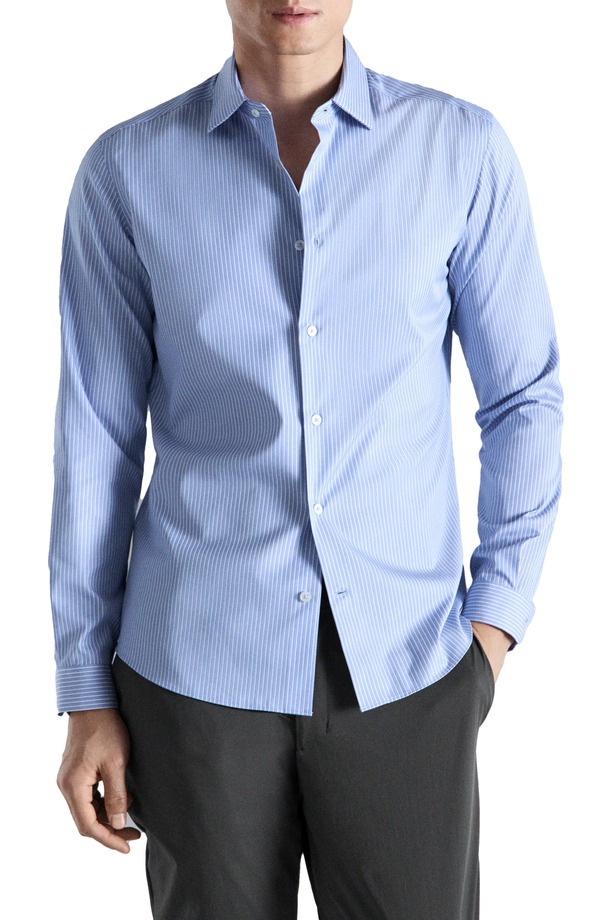 マンゴ メンズ トップス プルオーバー か細い填まる MANGO Slim Fit Non-Iron Stripe Button-Up Shirt Sky Blue 青色