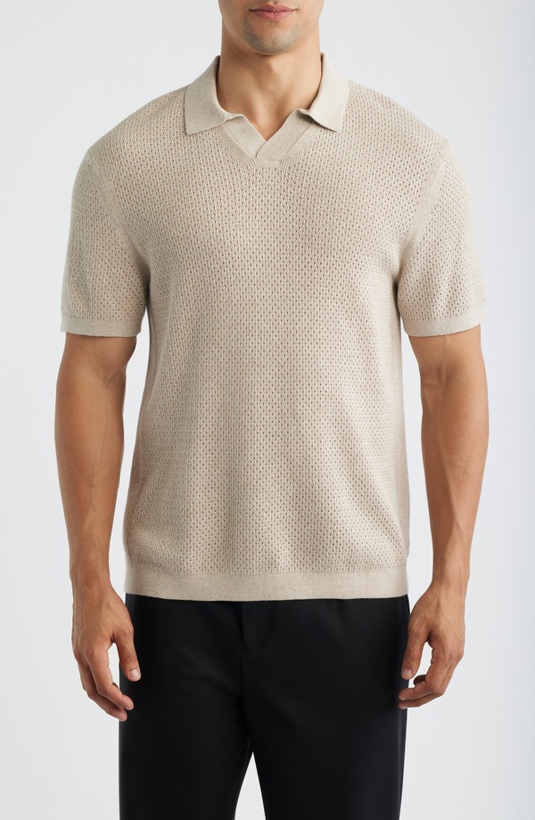 レイニングチャンプ メンズ トップス スポーツシャツ メッシュ スウェーター 綿織物 リネン Reigning Champ Victor Johnny Collar Cotton \u0026 Linen Mesh Stitch Polo Sweater Heather Oatmeal ギョリュウモドキ