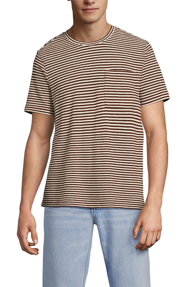 ランズ挙げ句の果て メンズ トップス プルオーバー 綿織物 リネン Lands\u0027 End Short Sleeve Cotton Linen Tee Deep Bronze Stripe 縞模様