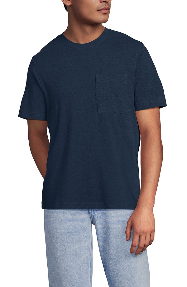 ランズ挙げ句の果て メンズ トップス プルオーバー 綿織物 リネン Lands\u0027 End Short Sleeve Cotton Linen Tee Deep Ocean