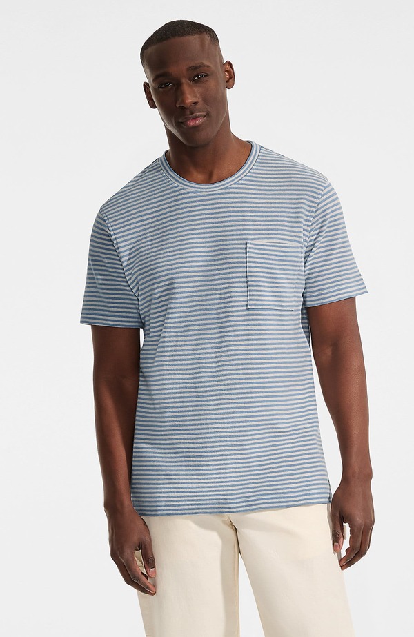 ランズ挙げ句の果て メンズ トップス プルオーバー 綿織物 リネン Lands\u0027 End Short Sleeve Cotton Linen Tee Oasis Blue Stripe 青色