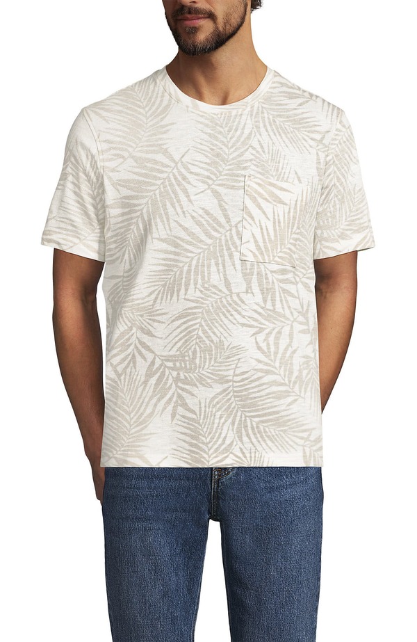 ランズ挙げ句の果て メンズ トップス プルオーバー 綿織物 リネン Lands\u0027 End Short Sleeve Cotton Linen Tee Pumice Stone Palm 石ころ