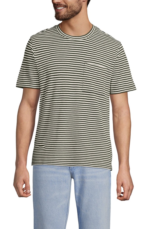 ランズ挙げ句の果て メンズ トップス プルオーバー 綿織物 リネン Lands\u0027 End Short Sleeve Cotton Linen Tee River Stone Green Stripe 緑であること