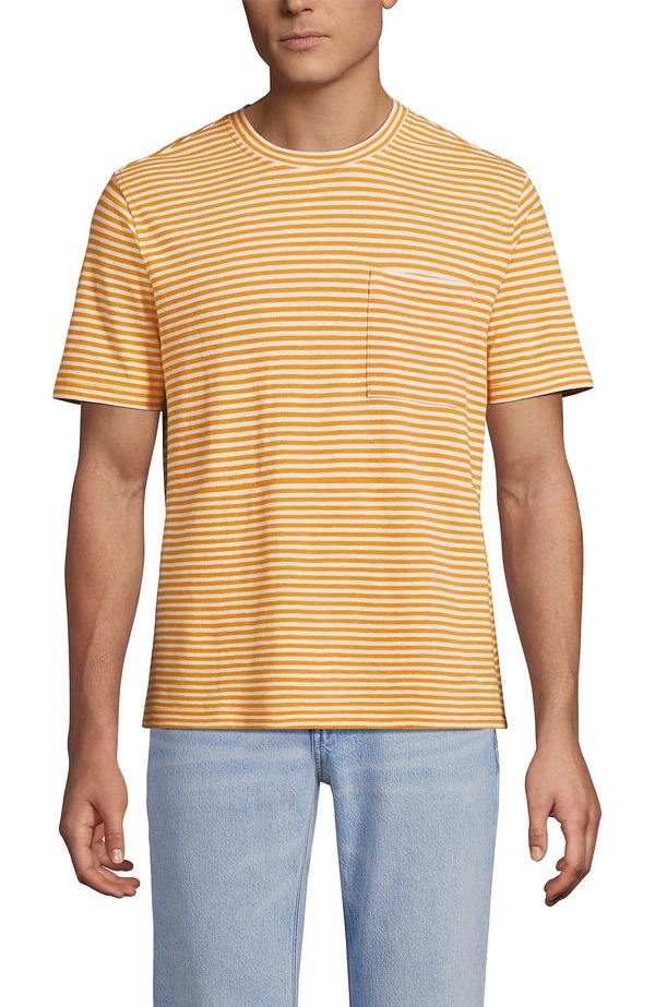 ランズ挙げ句の果て メンズ トップス プルオーバー 綿織物 リネン Lands\u0027 End Short Sleeve Cotton Linen Tee Sweet Mango Stripes 縞模様