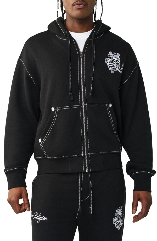 トゥルーレリジョン メンズ アウター パーカー・スウェット True Religion Crest Big T Boxy Zip-Up Hoodie Jet Black 黒いこと