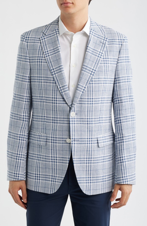 ボス メンズ アウター ジャケット・ブルゾン スリムフィット コットン コート リネン BOSS Hutson Slim Fit Blue & White Plaid Linen & Cotton Blend Sport Coat Open Blue ブルー|ReVida 店