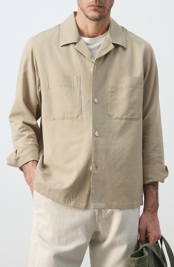 マンゴ メンズ トップス ティーシャツ 綿織物 MANGO Long Sleeve Cotton Blend Button-Up Shirt Beige ベージュ