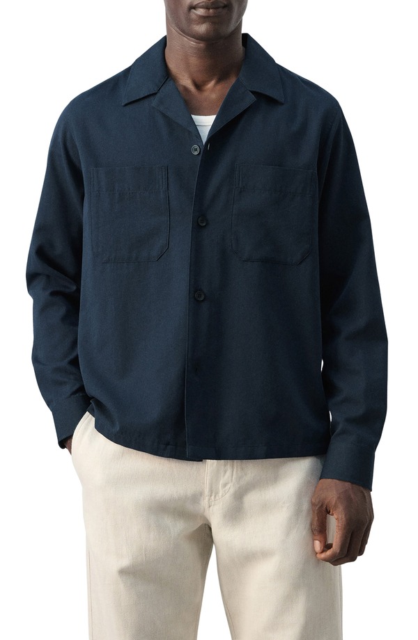 マンゴ メンズ トップス ティーシャツ 綿織物 MANGO Long Sleeve Cotton Blend Button-Up Shirt Navy 米国海軍