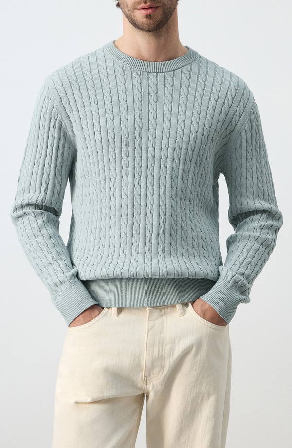 マンゴ メンズ アウター パーカー・スウェット 労働者の一団のど首 スウェーター MANGO Crewneck Cable Stitch Sweater Aqua Blue 青色