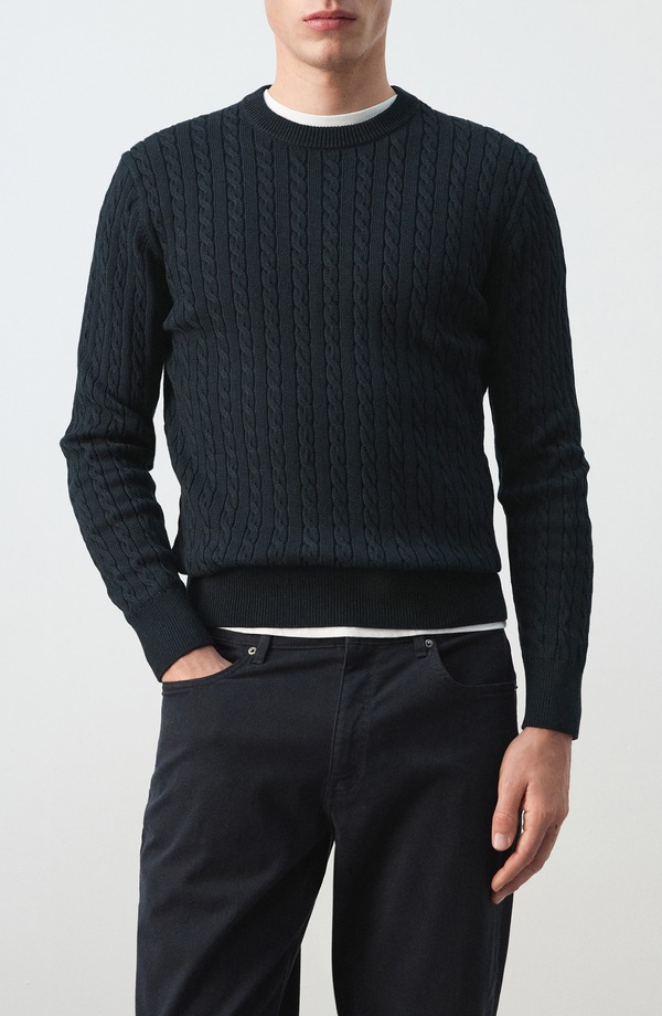 マンゴ メンズ アウター パーカー・スウェット 労働者の一団のど首 スウェーター MANGO Crewneck Cable Stitch Sweater Night Blue 青色