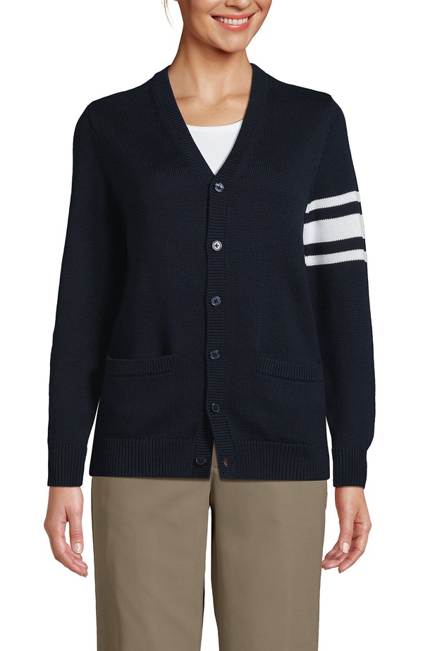 ランズエンド レディース アウター パーカー・スウェット カーディガン Lands' End School Uniform Adult Legacy Varsity Cardigan Varsity Stripe/Classic Navy ネイビー|ReVida 店