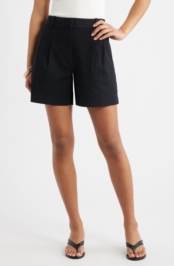 オープンエディット レディース ボトムス ハーフパンツ・ショーツ プリーツ ショートパンツ リネン Open Edit Everyday Pleated Linen Blend Shorts Black ブラック|ReVida 店