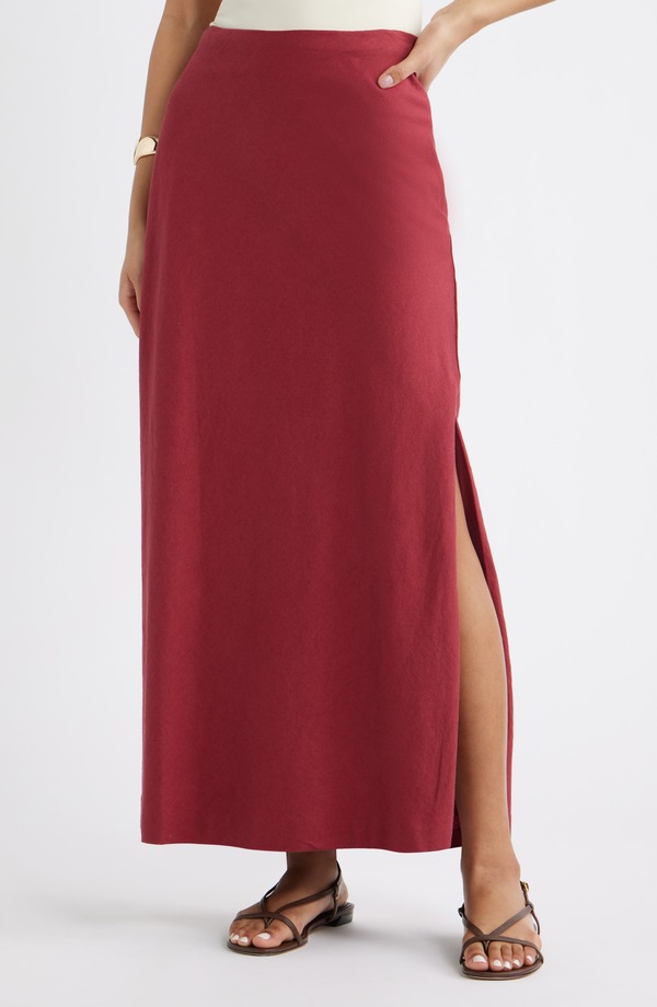 オープンエディット レディース ボトムスカート リネン マキシ Open Edit Linen Blend Column Maxi Skirt Red Ruby レッド|ReVida 店
