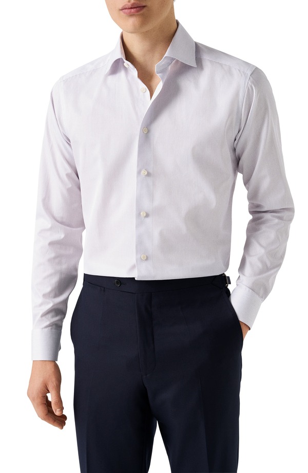 エトン メンズ トップス シャツ スリムフィット コットン Eton Slim Fit Stripe Cotton Twill Dresshirt Light Purple パープル｜ReVida 店