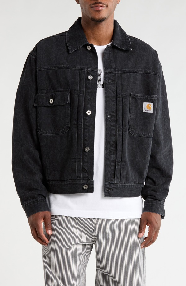 鉄道車両ハート形 メンズ ボトムス ジーンズズボン下 刷り上げる 上衣 Carhartt Work In Progress Belmar Snakeskin Print Denim Jacket Snake Blk St ジーンズ