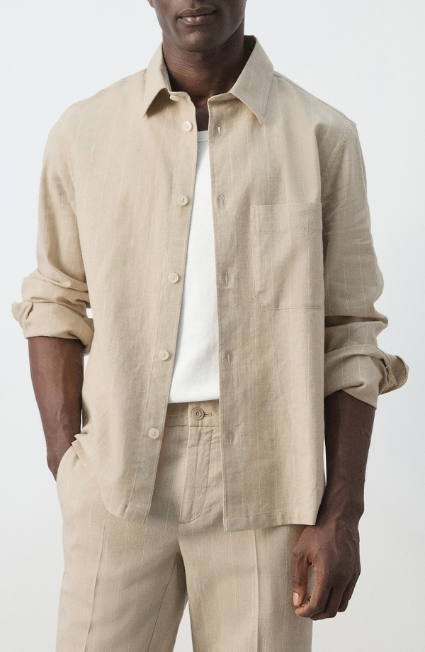 マンゴ メンズ トップス ティーシャツ 綿織物 リネン MANGO Linen \u0026 Cotton Button-Up Shirt Beige ベージュ
