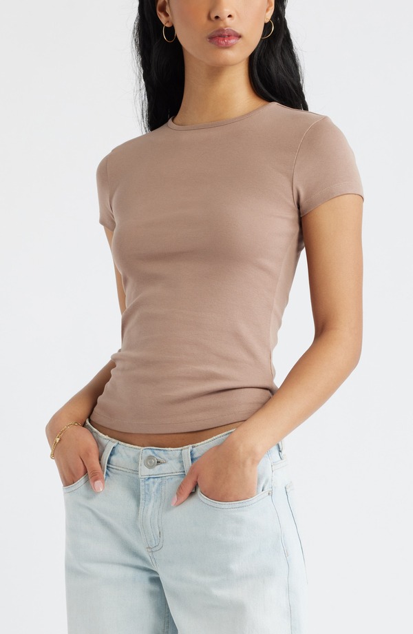 ビーピー レディース トップス シャツ コットン BP. Stretch Cotton Blend Baby Tee Brown Fresco ブラウン｜ReVida 店