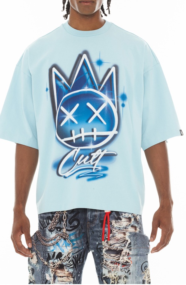 カルト オブ インディビジュアリティ メンズ トップス Tシャツ コットン グラフィック Cult of Individuality Oversized Cotton Graphic T-Shirt Blue Glow ブルー｜ReVida 店