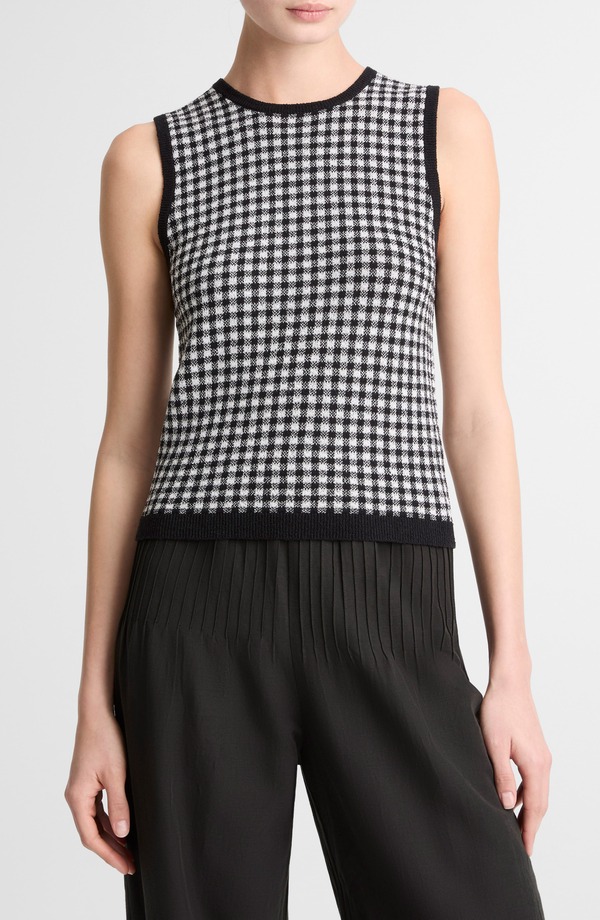 ヴィンス レディース アウター パーカー・スウェット ギンガムチェック ウール セーター ノースリーブ コットン ギンガム Vince Gingham Check Sleeveless Wool & Cotton Blend Sweater Black/ Off White オフホワイト｜ReVida 店