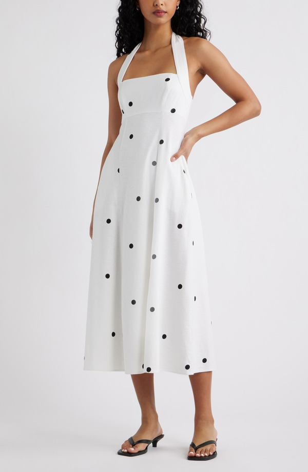オープンエディット レディース トップス ワンピース ミディ リネン ホルター Open Edit Linen Blend Halter Midi Dress White- Black Grande Dot ホワイト｜ReVida 店