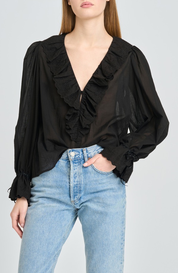 ワイフ レディース トップス シャツ フリル コットン WAYF Helena Eyelet Ruffle Cotton Lawn Top Black ブラック｜ReVida 店