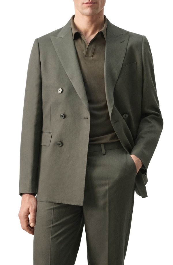 マンゴ メンズ アウター 上衣・上衣 か細い相応う スポーツジャケット リネン MANGO Amalfi Linen Slim Fit Double Breast Blazer Khaki Green 緑であること