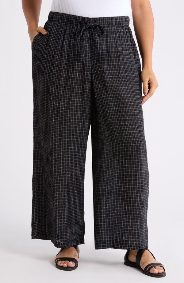 エイリーンフィッシャー レディース ボトムス レギンス ズボン下 リネン Eileen Fisher Crinkled Organic Linen Drawstring Pants Black/ White 白いこと