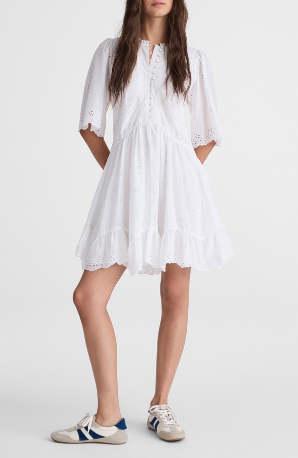 メイドウェル レディース トップス 衣裳 ミニ 綿織物 Madewell Eyelet Flutter Sleeve Cotton Minidress White 白いこと